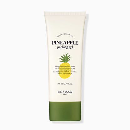 Tube of gentle exfoliating pineapple peeling gel with clean white and green packaging design on white background