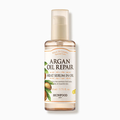 SKINFOOD Argan Oil Repair Plus Heat Serum in Oil 110ml bottle with pump for heat protection benefits