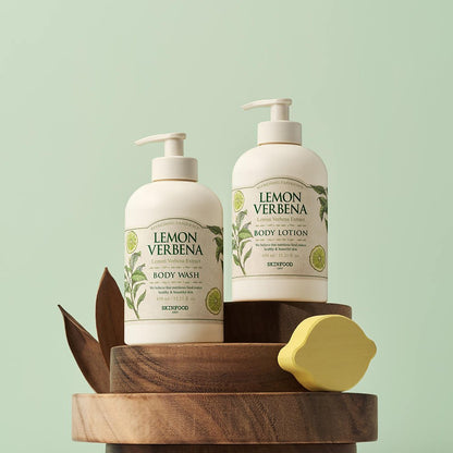 SKINFOOD Lemon Verbena Body Wash 450ml in creamy white pump bottle with moisturizing benefits and natural botanical design