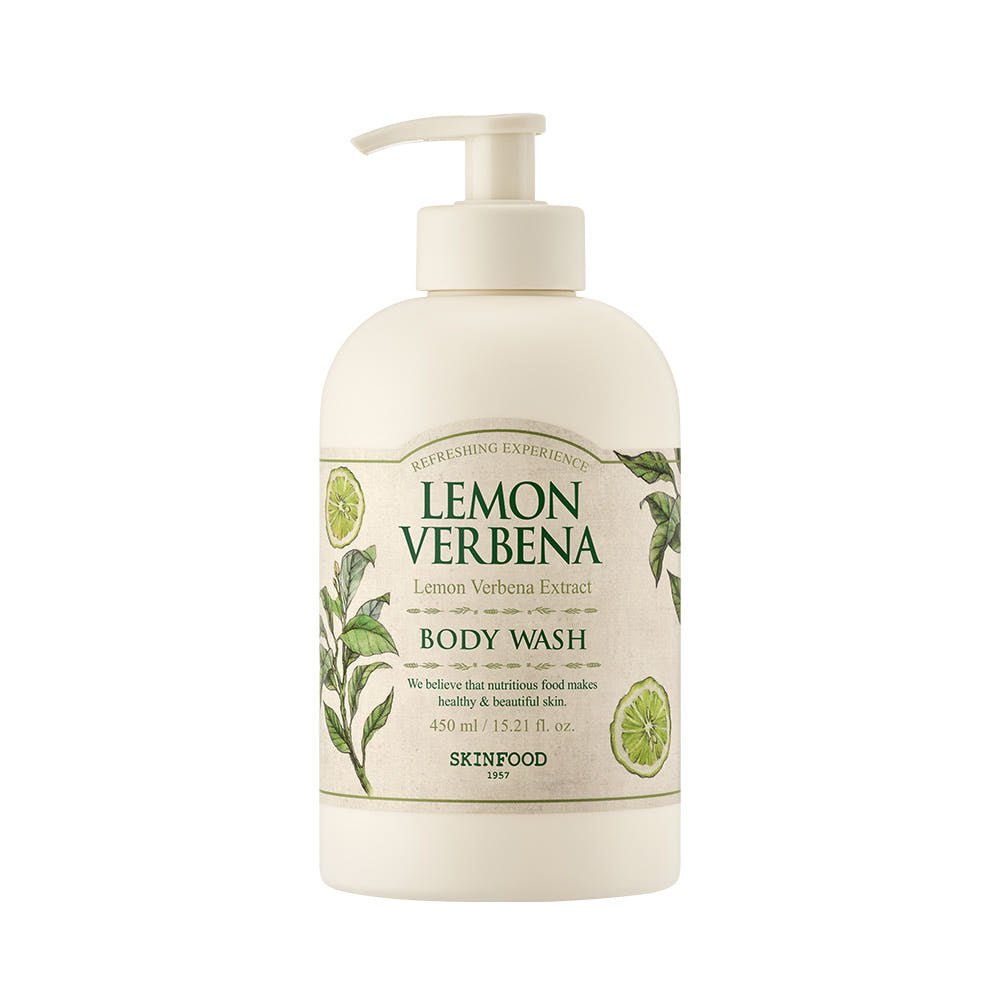 SKINFOOD Lemon Verbena Body Wash 450ml bottle with moisturizing formula and citrus verbena illustrations on label