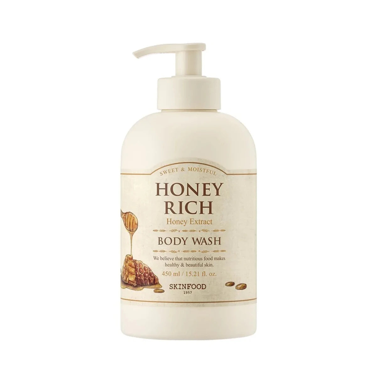 SKINFOOD Honey Rich Body Wash 450ml moisturizing formula with honey extract in a cream-colored pump bottle