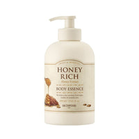 SKINFOOD Honey Rich Body Essence 450ml in cream bottle with pump delivering deep moisturizing power and honey extract benefits