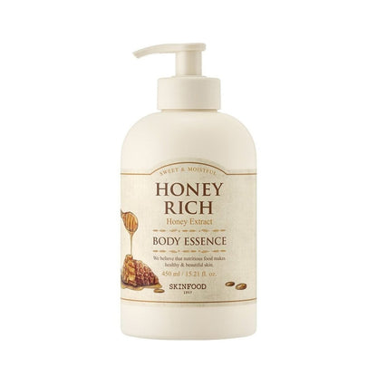 SKINFOOD Honey Rich Body Essence 450ml in cream bottle with pump delivering deep moisturizing power and honey extract benefits