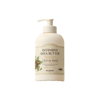SKINFOOD Intensive Shea Butter Body Cream Wash 450ml bottle with moisturizing formula and shea butter extract label