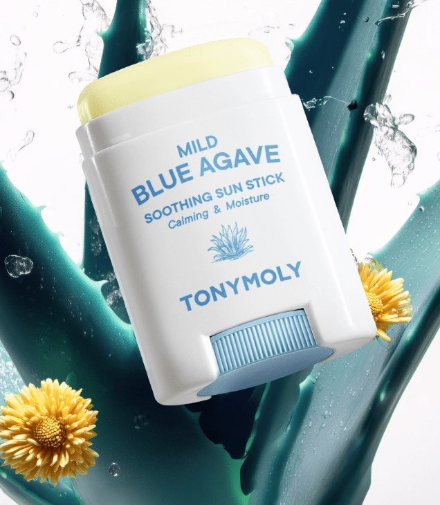 White sun stick container with blue accents and mild blue agave soothing formula surrounded by water splash and yellow flowers