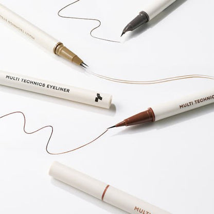 Set of five multi-techniques eyeliner pens in various shades with fine tips and smooth lines on white background