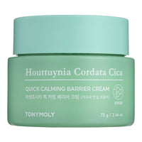 Mint green jar of quick calming barrier cream with hydrating formula and Korean text on front label