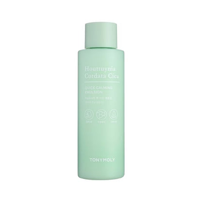 Matte pastel green bottle of calming emulsion featuring minimalist white text emphasizing quick soothing and hydration benefits