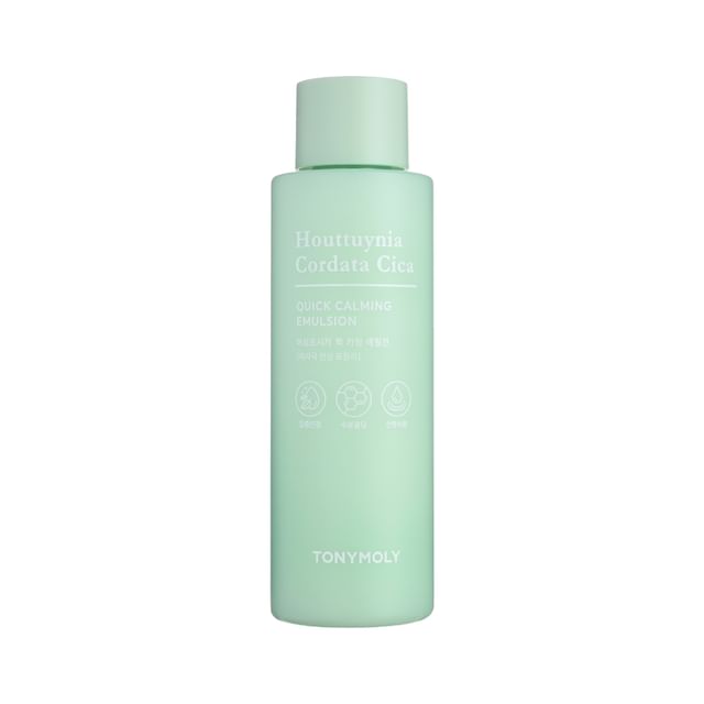 Matte pale green bottle of quick calming emulsion designed for deep hydration in a minimalist style