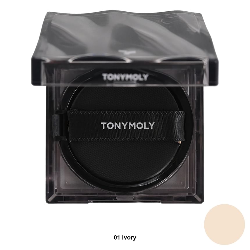 Compact cushion foundation case with black applicator puff labeled TONYMOLY and ivory shade swatch nearby