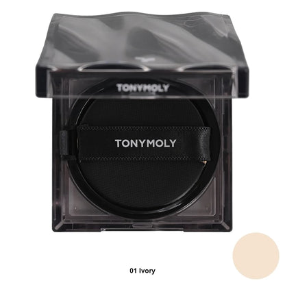 Compact cushion foundation case with black applicator puff labeled TONYMOLY and ivory shade swatch nearby