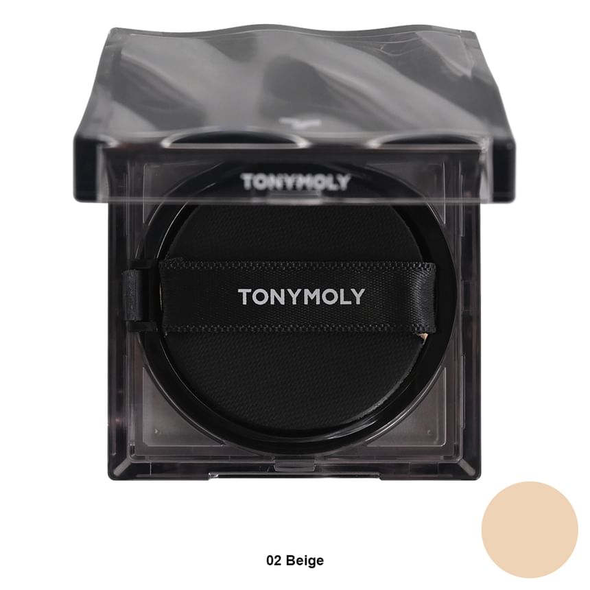 Compact cushion foundation in beige shade with black applicator puff and transparent square case emphasizing high coverage benefits