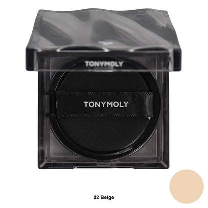 Compact cushion foundation in beige shade with black applicator puff and transparent square case emphasizing high coverage benefits