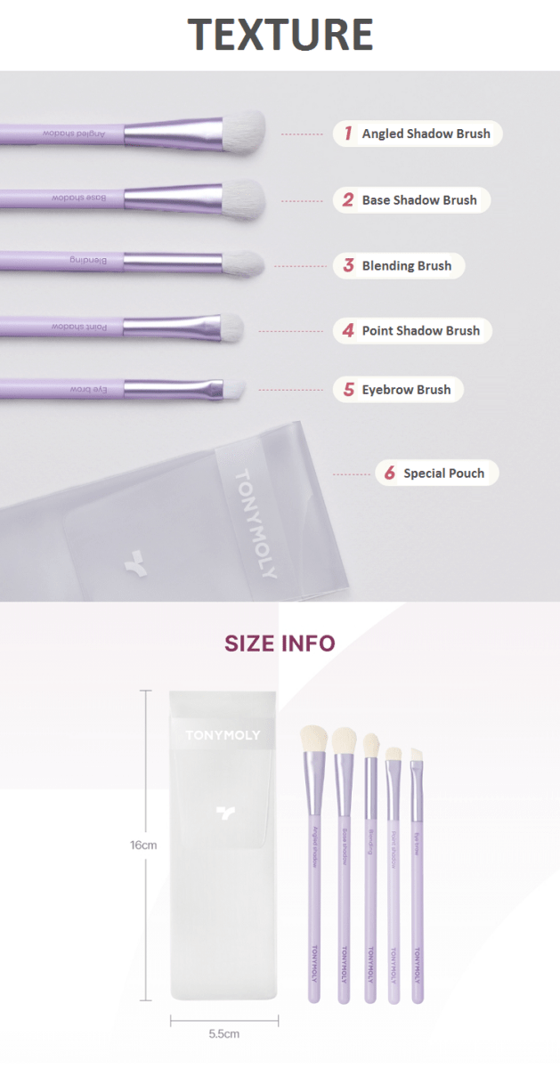 Set of five pastel purple eye makeup brushes with labels and translucent storage pouch on white background