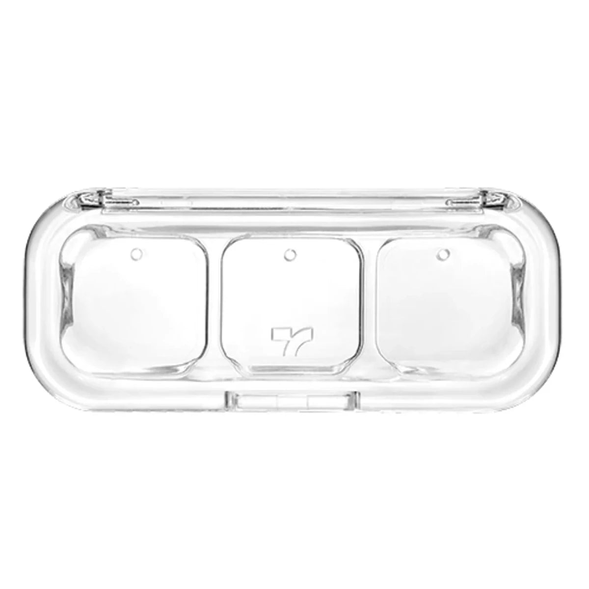Clear compact plastic case with three compartments designed for organizing small items or makeup products