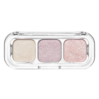 Compact clear palette case featuring three shimmering pastel eyeshadow shades in neutral tones