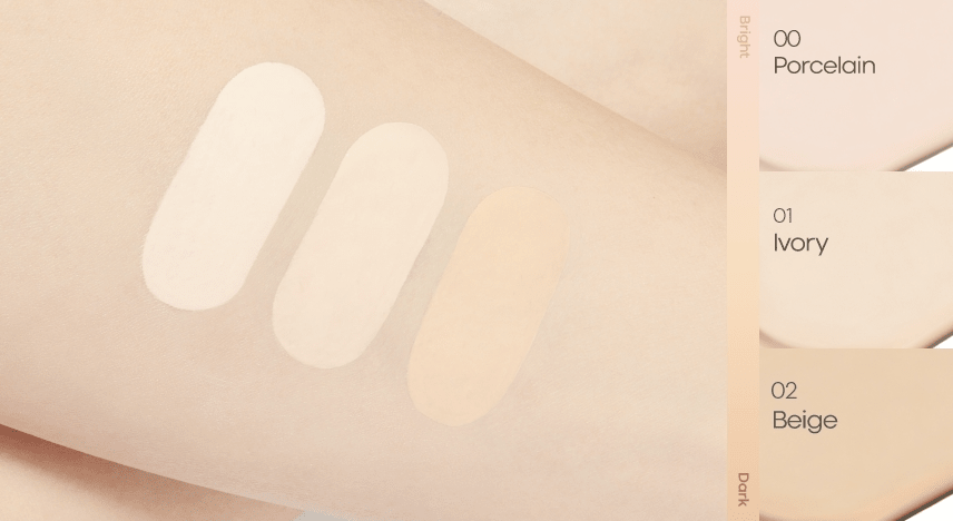 Swatches of three light to medium beige tones labeled Porcelain, Ivory, and Beige on fair skin for high coverage cushion foundation refill