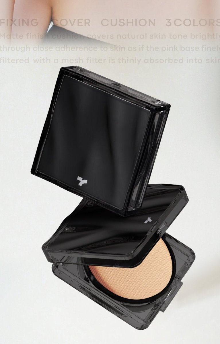 Compact with high coverage cushion foundation in sleek black case showing beige cushion inside