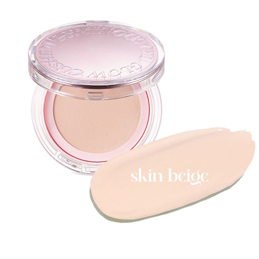 Open compact cushion foundation with light beige gel glow cushion and swatch of skin beige shade next to it