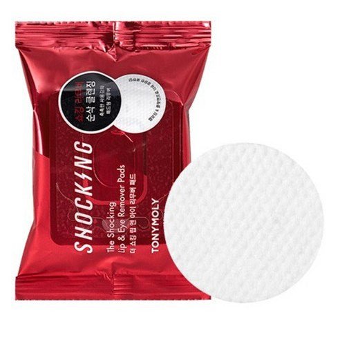 Red packaging of gentle lip and eye makeup remover pads with one textured white round pad next to it
