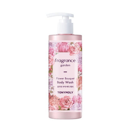 Tall pink pump bottle of floral-scented moisturizing body wash with intricate flower bouquet design on label