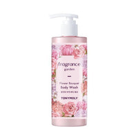 Pink floral-patterned body wash bottle with white pump featuring moisturizing flower bouquet fragrance design