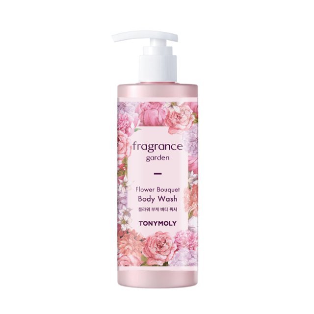 Pink floral-patterned body wash bottle with white pump featuring moisturizing flower bouquet fragrance design
