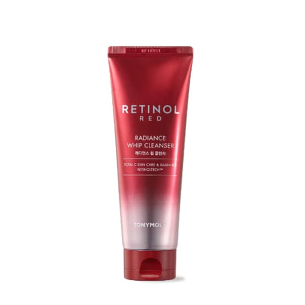 Red ombre tube of retinol radiance whip cleanser with white text and flip-top cap on white background