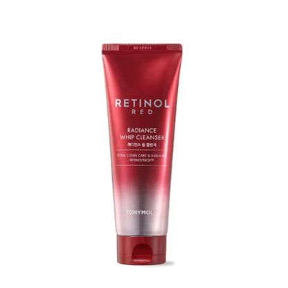 Red ombre tube of retinol radiance whip cleanser with white text and flip-top cap on white background