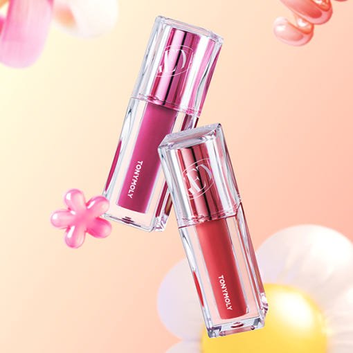 Two glossy lip tint bottles in vibrant pink and coral shades with moisturizing formula on peach background