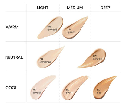 LANEIGE Neo Cushion Mewy SPF42 PA++ 15g (Refill) foundation shades swatches showing warm, neutral, and cool tones with natural coverage