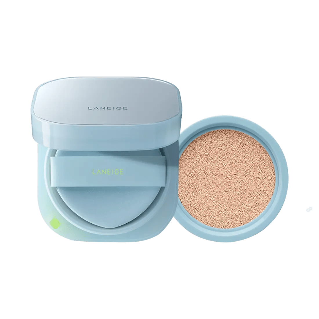 LANEIGE Neo Cushion Mewy SPF42 PA++ SET (15g+15g Refill) with natural coverage in light blue compact case and sponge applicator