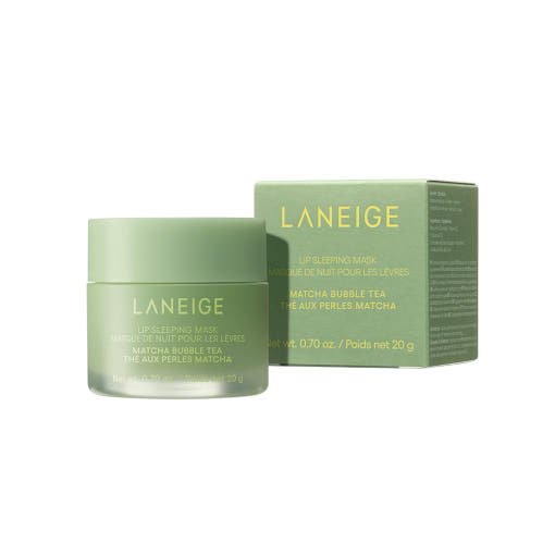 LANEIGE Lip Sleeping Mask EX 20ml #Matcha Bubble Tea in green jar and matching box with antioxidant protection benefits