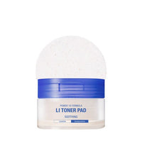Clear jar with blue lid containing soothing toner pads with visible texture, highlighting hydration boost benefits