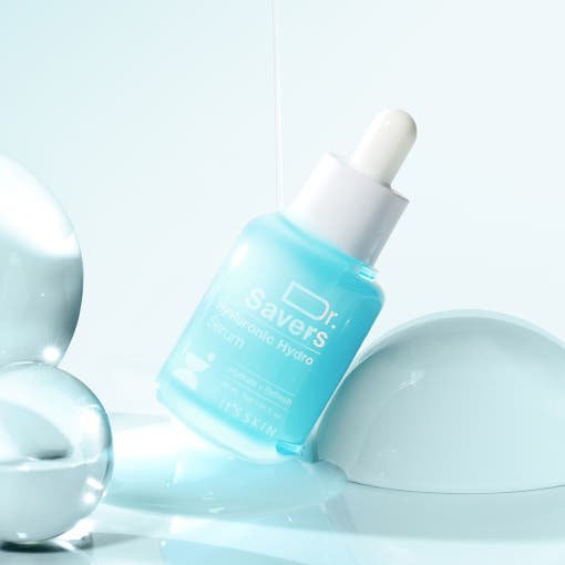 Blue dropper bottle of hydrating serum with clear liquid and soft white background elements for skincare hydration