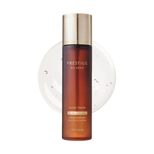 Amber-colored glass bottle of glow toner with gold cap and clear liquid background showing hydration benefits