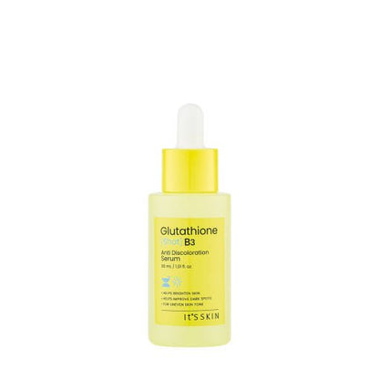 Yellow glass dropper bottle of brightening glutathione and B3 serum for radiant skin tone improvement