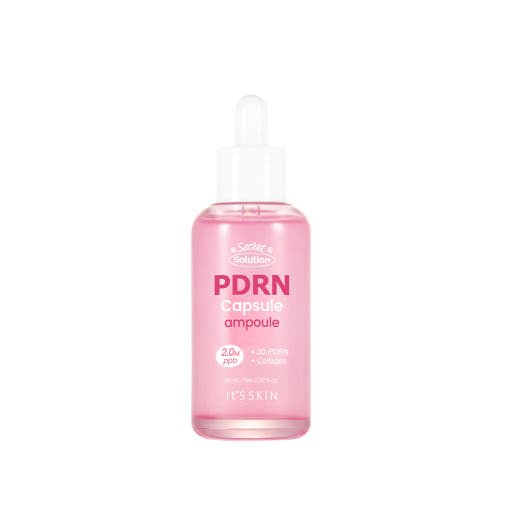 Pink glass dropper bottle of PDRN Capsule ampoule for skin regeneration with white text and clear applicator top