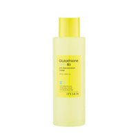 Yellow-capped translucent bottle of brightening anti-discoloration toner with simple label on white background