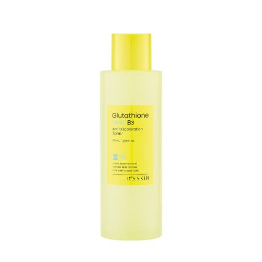 Tall translucent yellow bottle of brightening anti discoloration toner with matching yellow cap on white background