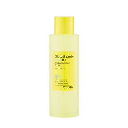 Tall translucent yellow bottle of brightening anti discoloration toner with matching yellow cap on white background
