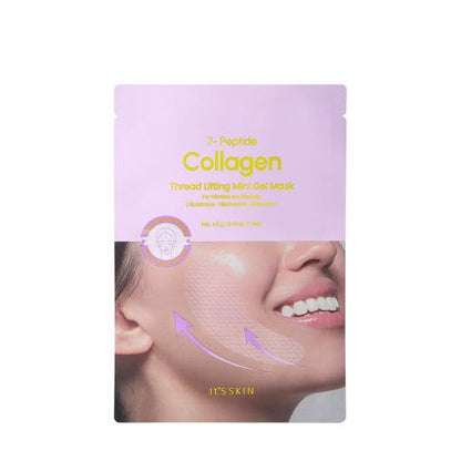 Light purple pouch of collagen lifting mini gel mask with illustration of facial lift effect on smiling woman’s cheek