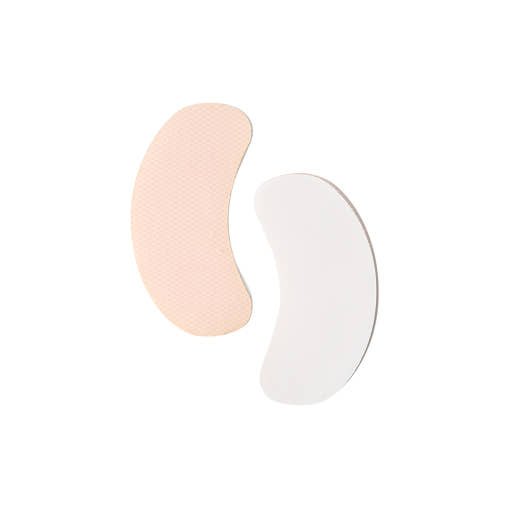 Pair of crescent-shaped collagen gel patches with textured surface for immediate skin firmness treatment on white background
