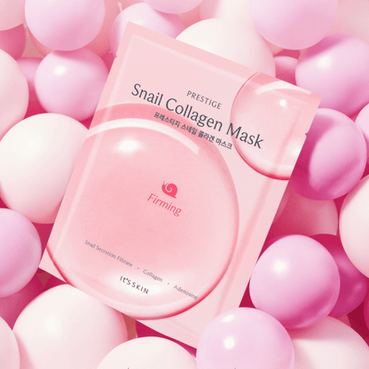 Pink packaging of a snail collagen firming mask surrounded by soft pastel pink spheres for enhanced elasticity care