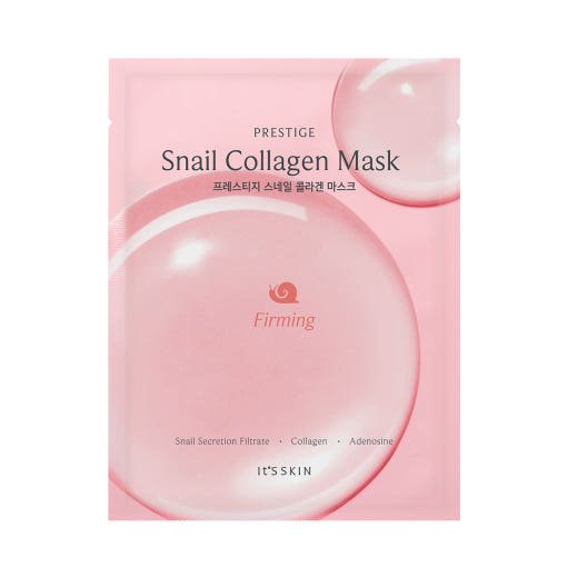 Pink packet of firming facial mask featuring snail secretion filtrate and collagen for enhanced skin elasticity
