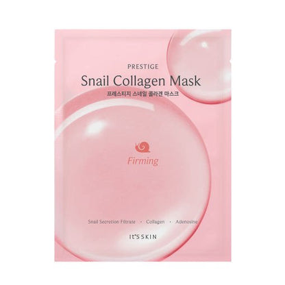 Pink pouch of snail collagen facial mask with firming benefits and delicate bubble design on smooth finish