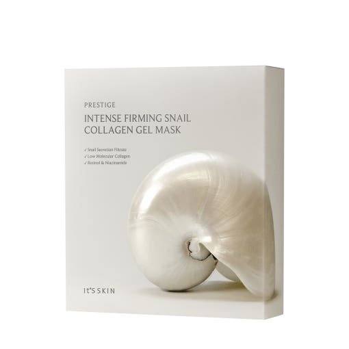 Elegant white box of snail collagen gel mask featuring a pearlescent shell design, highlighting intense hydration benefits