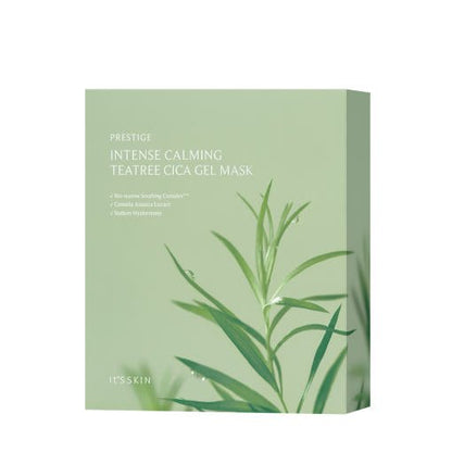 Light green box of soothing tea tree cica gel mask with botanical leaf illustration on front panel