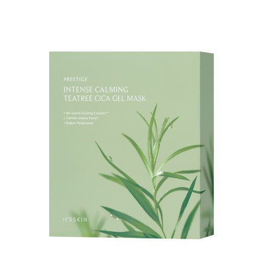 Green box of soothing gel mask featuring tea tree leaf illustration for calming skin relief care