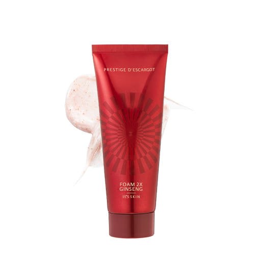 Red tube of ginseng-infused foam cleanser with smooth texture and subtle exfoliating particles on white background